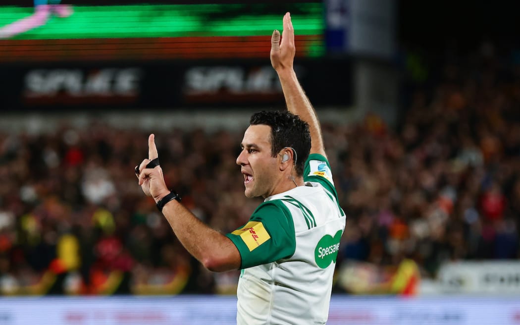 Referee Ben O'Keeffe during the Super Rugby Pacific Final between the Chiefs and the Crusaders at FMG Stadium in Hamilton, New Zealand on Saturday June 24, 2023.