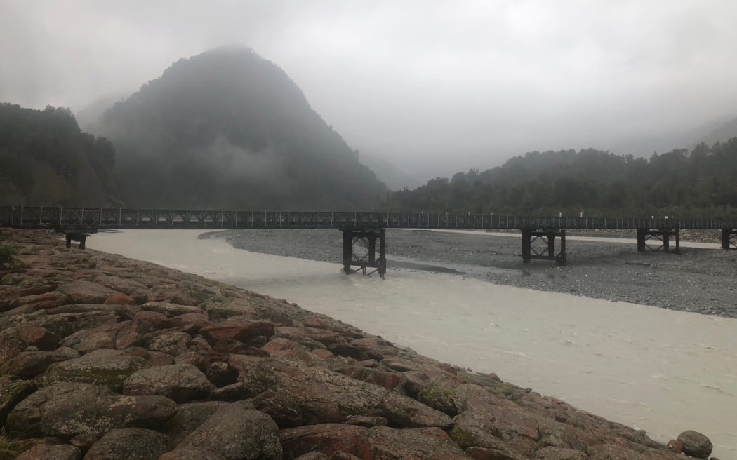 The flood prone Waiho River on Thursday 18 January 2024 as MetService issued a red level rain alert for Westland that will be in place until 8am Saturday.