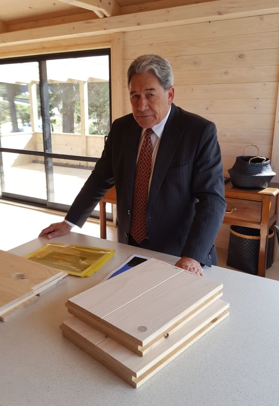 Winston Peters at the Mt Pokaka Timber Mill during his 2017 election campaign.