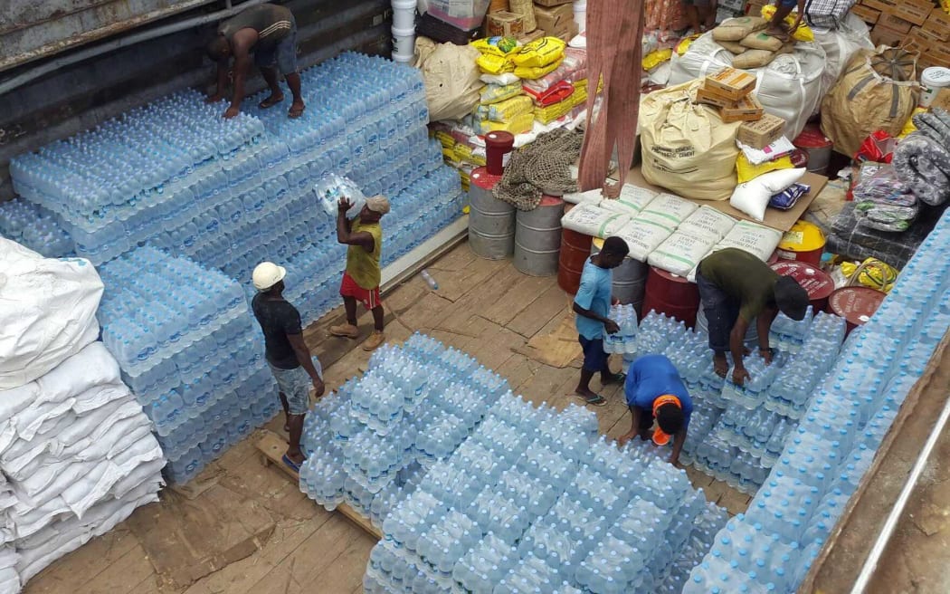 Relief supplies on a ship en route to Temotu province in Solomon Islands.