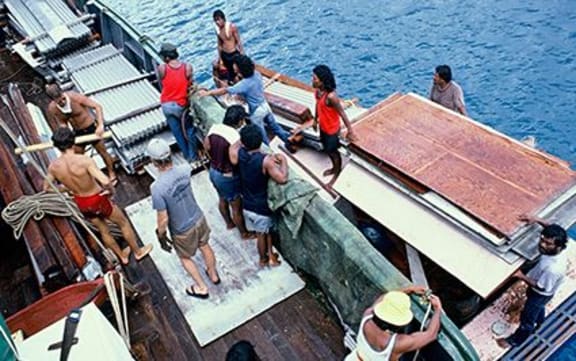 Loading the Rainbow Warrior ahead of its final Pacific journey in 1985