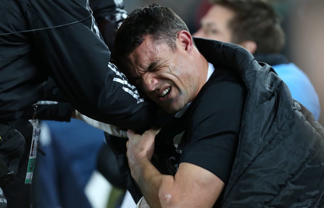 Carter is injured at Eden Park during the 2013 Rugby Championship.