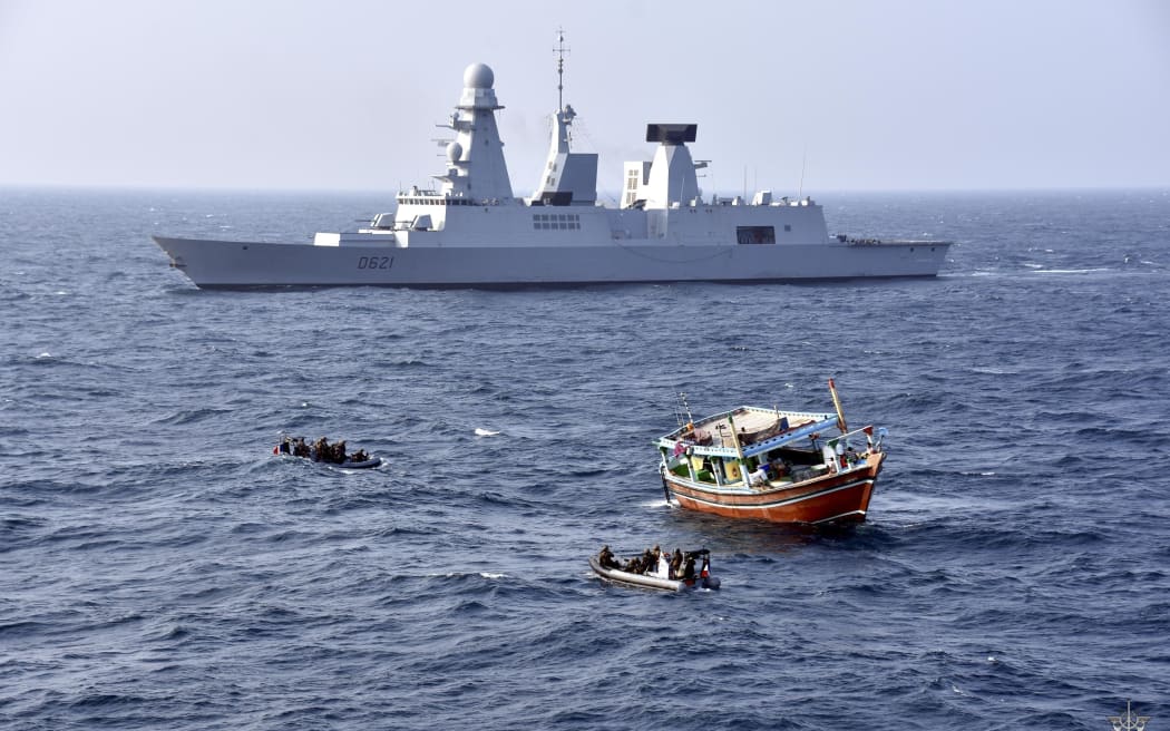 Sailors on French destroyer FS Chevalier Paul intercept a dhow in the Indian Ocean in November.