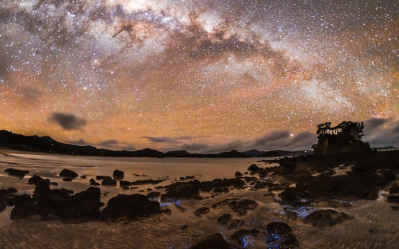 Milky Way with sea and beach in the foreground