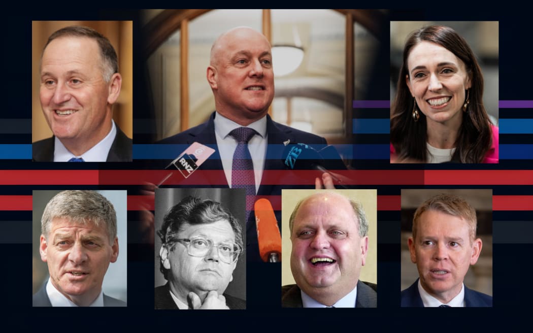 Prime Minister Christopher Luxon, centre, with (clockwise from top right), former prime ministers Jacinda Ardern, Chris Hipkins, Mike Moore, David Lange, Bill English and John Key.