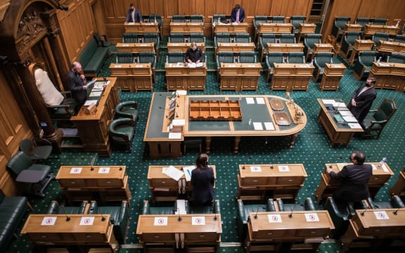 Speaker of the House Trevor Mallard at the first Question time and sitting of the House  in alert level 4 lockdown in the House of Representatives debating chamber.