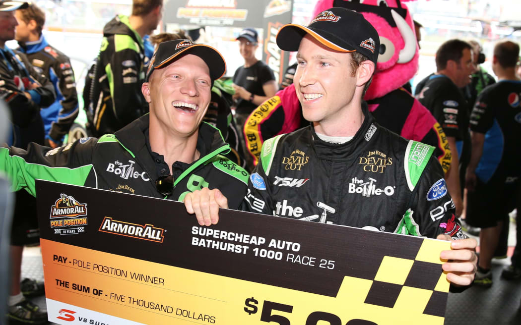 David Reynolds & Dean Canto of the Bottle-O Ford team celebrate winning pole position for the 2015 Supercheap Auto Bathurst 1000. V8 Supercars Championship Round 10. Mount Panorama, Bathurst NSW. 8-11 October 2015. Photo: Clay Cross / photosport.nz