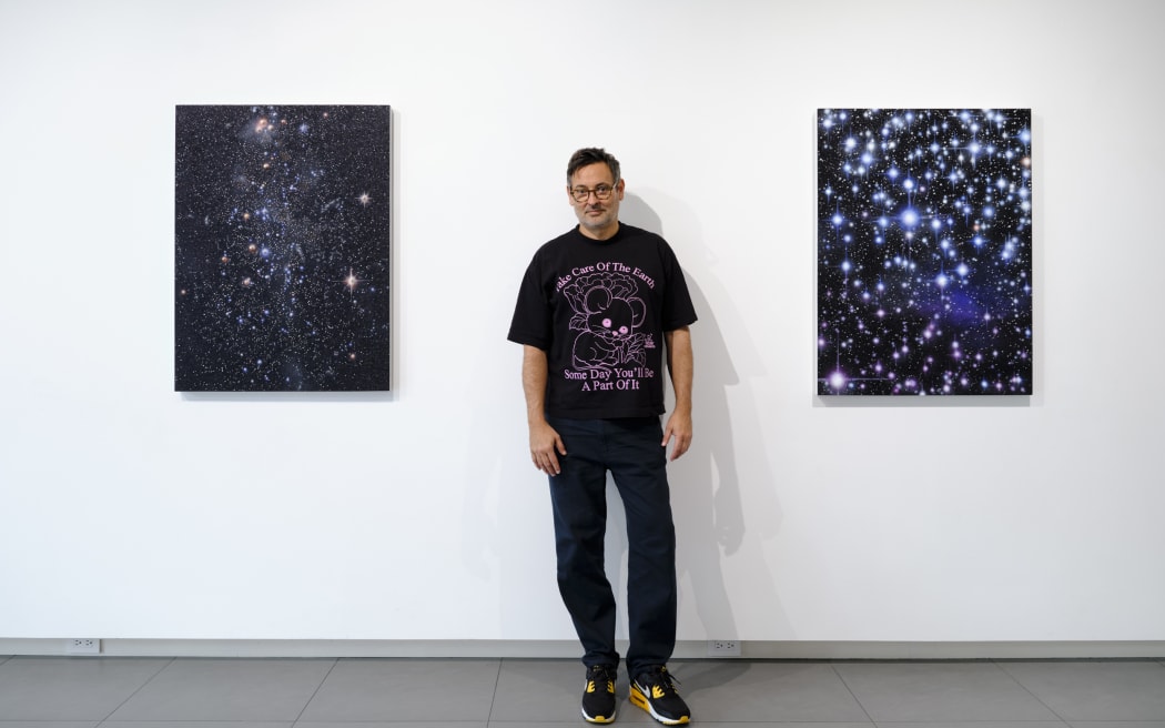 L to R: Power Bottom (Constellation Pavo), 2024,61 x 45.7 cm and Avoiding Ordinary Boys (Constellation Pavo), 2024, 40.6 x 30.5 cm. Glitter, Cook Island black pearls, Japanese fresh water pearls, acrylic, jewelry wire & mixed media on board. Courtesy of Gow Langsford Gallery.