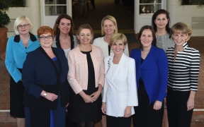 (Front row only, left to right Defence Minister Marise Payne, Health Minister Sussan Ley, Foreign Affairs Minister Julie Bishop, Small Business Minister  Kelly O'Dwyer and Minister of Women, Michaelia Cash after their swearing in ceremony at Government House in Canberra on September 21, 2015.