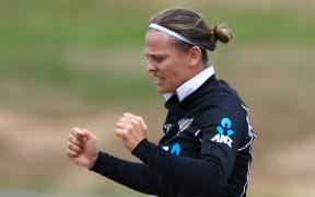 White Ferns bowler Lea Tahuhu celebrates a wicket.