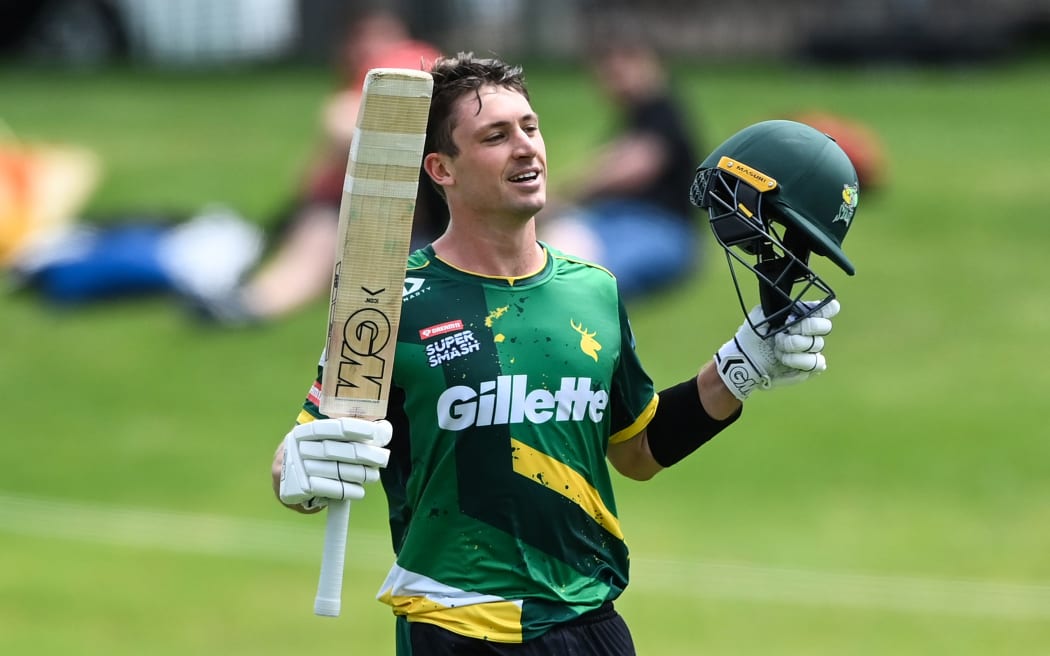 Will Young celebrates his century for Central Districts. 2021.