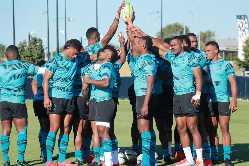 Fiji huddle up during training in Townsville.