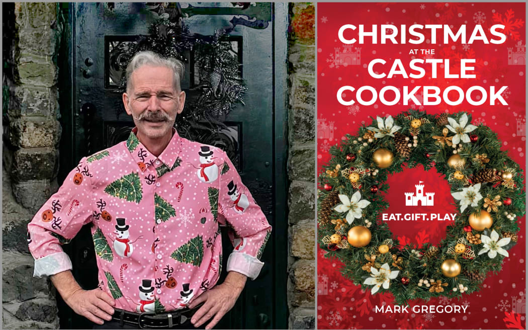 Mark Gregory and the cover of his book Christmas at the Castle Cookbook.