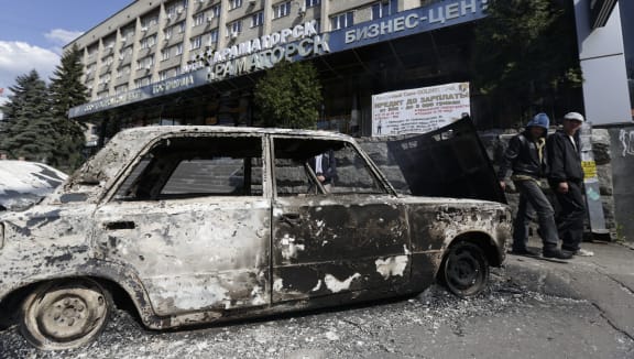 A burnt-out car in Kramatorsk.