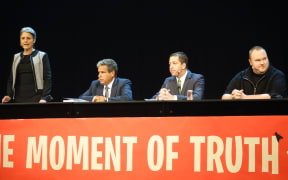 Internet Party leader Laila Harre, lawyer for Glenn Greenwald Robert Amsterdam, journalist Glenn Greenwald and Internet Party founder Kim Dotcom.