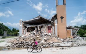 The Church St Anne is seen completely destroyed by the earthquake in Chardonnieres, Haiti on August 18, 2021.