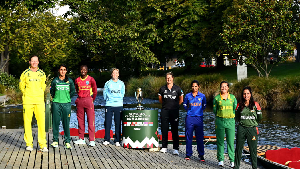 2022 Women's Cricket World Cup captains Meg Lanning Australia, Bismah Maroof Pakistan, Stafanie Taylor West Indies, Heather Knight England, Sophie Devine New Zealand, Mithali Raj India, Sune Luus South Africa and Nigar Sultana Bangladesh.