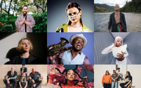 A composite image showing nine finalists in the 2025 Aotearoa Music Awards.