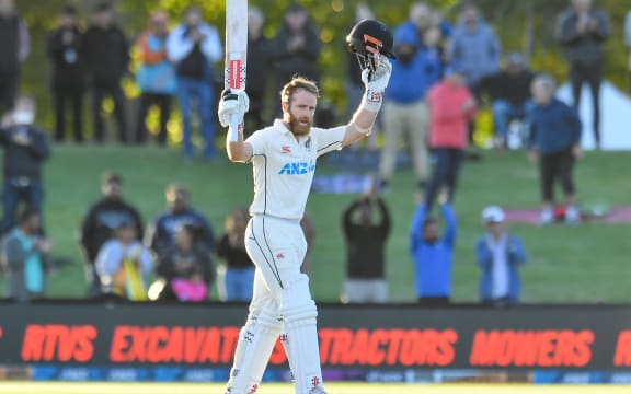 Kane Williamson of the Black Caps celebrates 100 runs during Day 5 of the first cricket test match, New Zealand Black Caps Vs Sri lanka, at Hagley Oval, Christchurch, New Zealand. 13th March 2023. © Copyright photo: John Davidson / www.photosport.nz