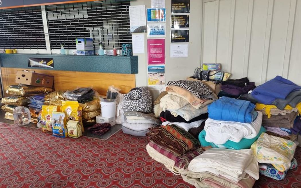 Donations of pet food at the Hastings Racecourse where a temporary animal shelter has been set up, run by MPI, HUHA and the SPCA.