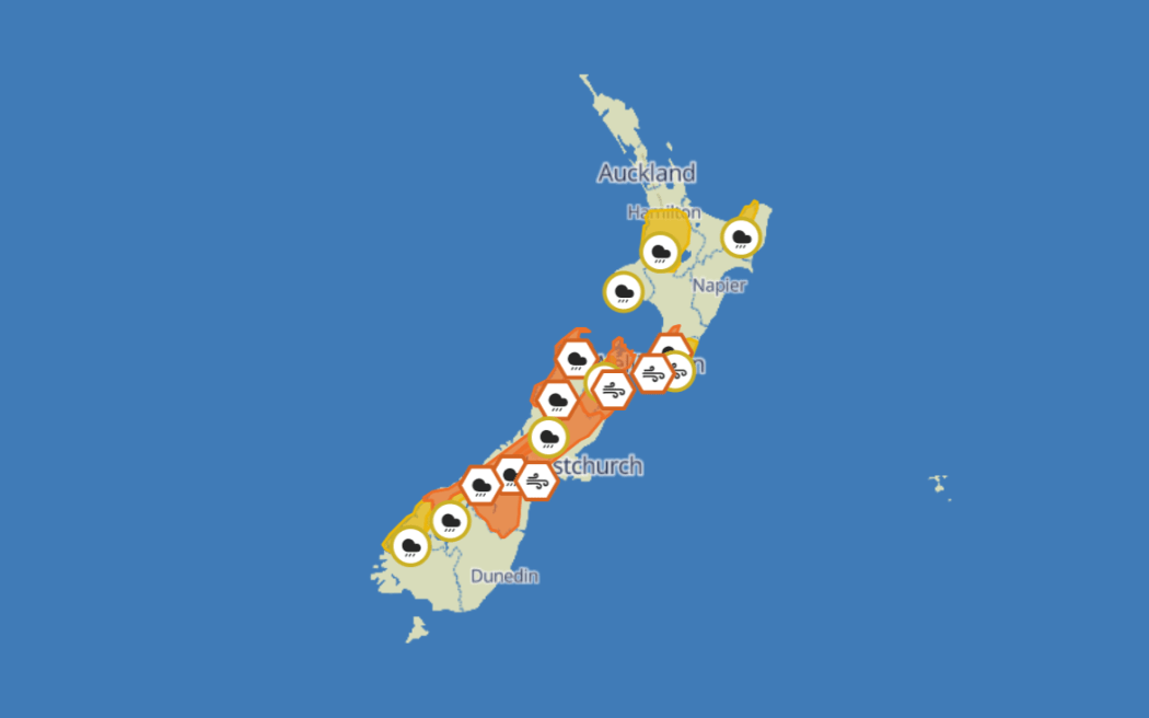 A screenshot of the severe weather watches and warnings on the MetService website on the 17 May.
