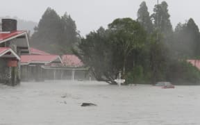 The flooded Scenic Circle Mueller Wing on 23 March, 2016, after the nearby Waiho River broke through a stop bank and flooded the hotel complex.