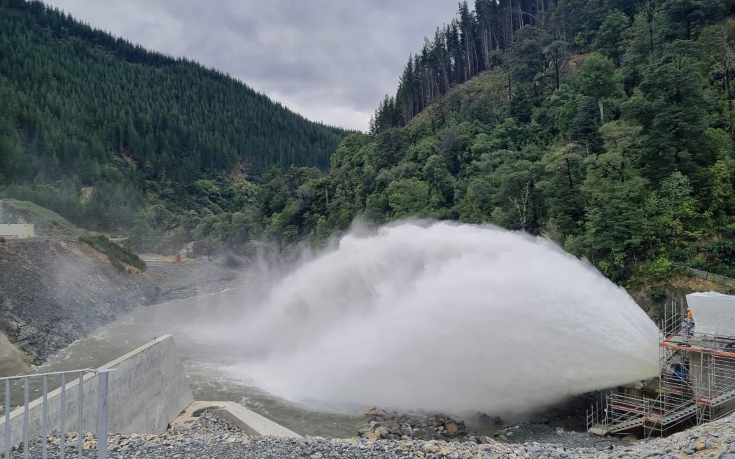 Water flowing from the release valves at the Waimea Community Dam.