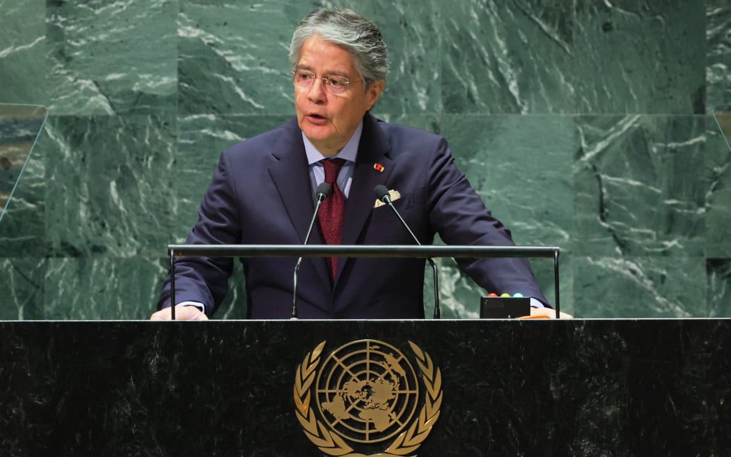 NEW YORK, NEW YORK - SEPTEMBER 20: President of Ecuador Guillermo Lasso Mendoza speaks during the United Nations General Assembly (UNGA) at the United Nations headquarters on September 20, 2023 in New York City. Heads of states and governments from at least 145 countries are gathered for the 78th UNGA session amid the ongoing war in Ukraine and natural disasters such as earthquakes, floods and fires around the globe.   Michael M. Santiago/Getty Images/AFP (Photo by Michael M. Santiago / GETTY IMAGES NORTH AMERICA / Getty Images via AFP)