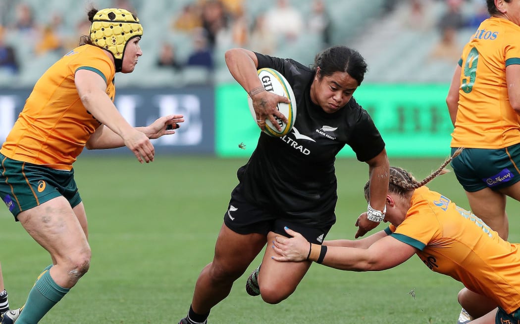 Saturday, 27th August, 2022 - Laurie O’Reilly Cup - Australia v New Zealand at Adelaide Oval, Australia. Ayesha Leti-I’iga of the Black Ferns  and Arabella McKenzie  Copyright Photo: Sarah Reed / www.photosport.nz