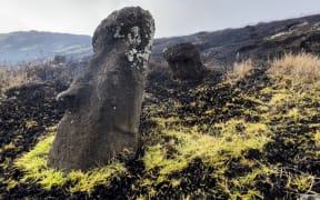 Moais - stone statues of the Rapa Nui culture - affected by a fire at the Rapa Nui National Park in Rapa Nui, Chile, on 6 October, 2022.