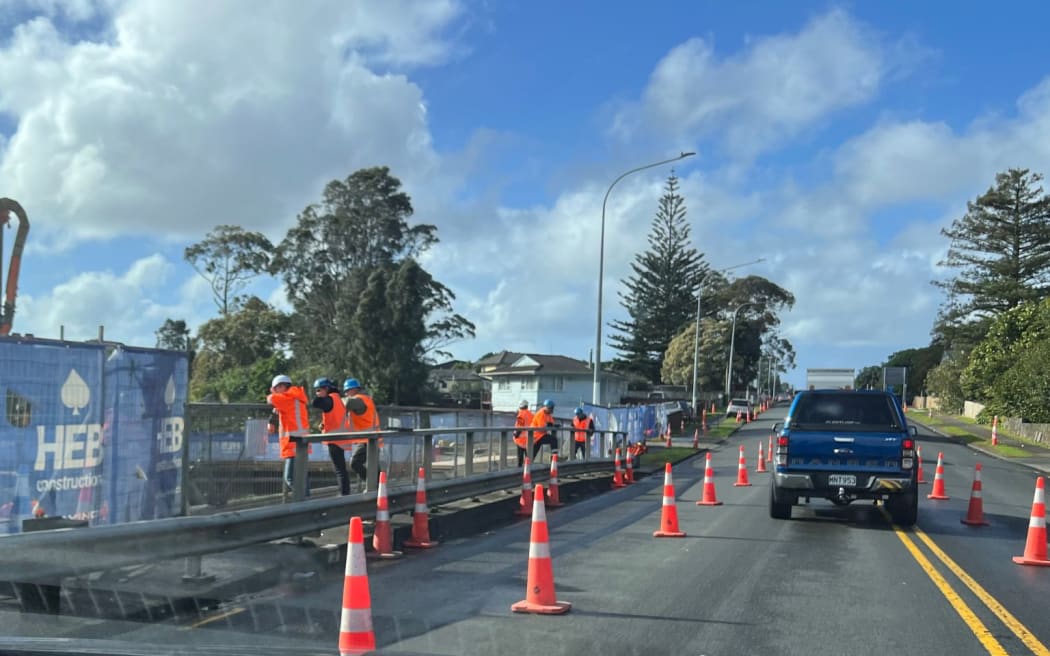 Workers upgrade Walmsley Road Bridge as part of flood resilience projects aimed at reducing future flooding in Māngere.