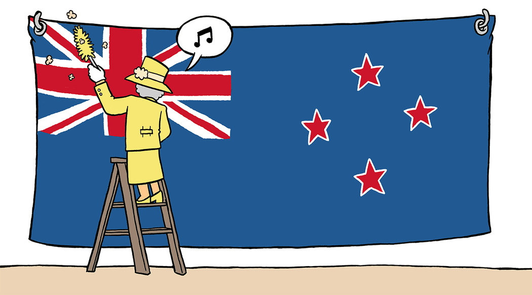 Queen Elizabeth II is pictured dusting off the Union Jack on the New Zealand flag.