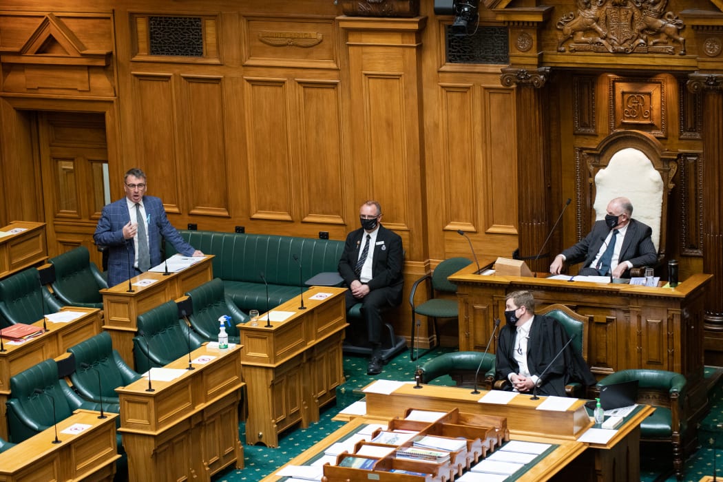 Duncan Webb in the House watched by the masked Speaker and Clerk at the Table