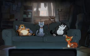 Alley Cats. (L to R) Ricky Gervias as Gus, Tom Basden as Ponce, David Earl as Puke, Andrew Brooke as Fang, Diane Morgan as Olive, in Alley Cats.