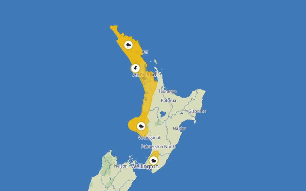 A front is expected to bring rain and a low risk of thunderstorms to western
parts of the North Island
