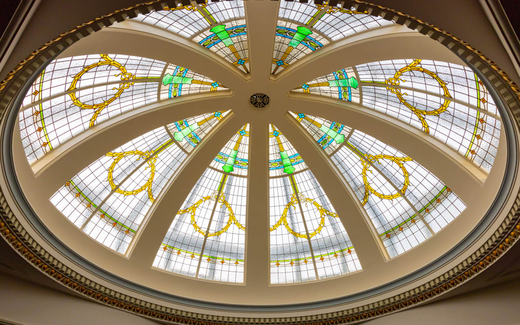 Looking up into the stained glass dome that tops the foyer atrium in Parliament House in Wellington.