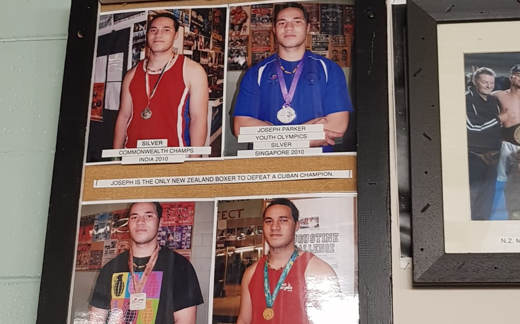 Some of Joseph Parker's biggest achievements during his time at the Papatoetoe Boxing Club are displayed in a frame at the entrance to the gym.