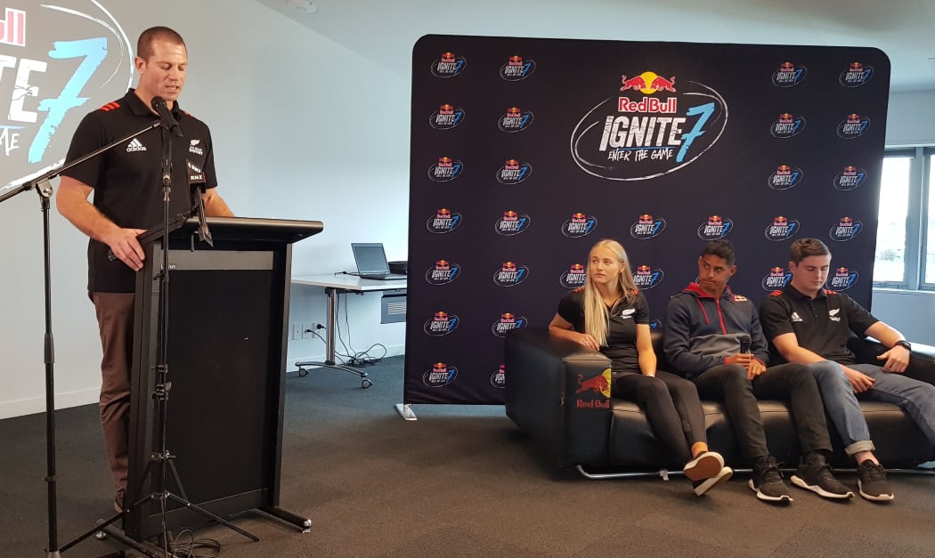 NZ Rugby high performance sevens manager Tony Philp addresses media as Ignite 7 hopefuls Grace Steinmetz, second from left, and Mark Graham, right, watch on joined by Red Bull athlete and Kiwi surfer Kehu Butler.