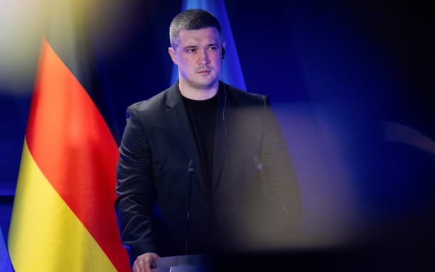 Ukraine’s Defence Minister Mykhailo Fedorov reacts during a joint press conference with Germany’s Defence Minister Boris Pistorius (unseen) in Kyiv on May 11, 2026, amid the Russian invasion of Ukraine. (Photo by Tetiana DZHAFAROVA / AFP)