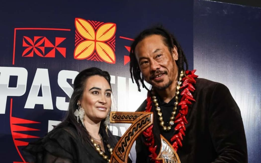 Nadene Lomu with former All Black and Moana Pasifika head coach Tana Umaga at the event on last Thursday.