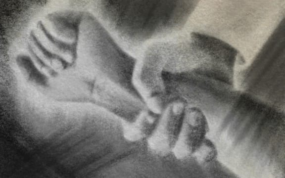 Charcoal sketch of hand grabbing an arm forcefully
