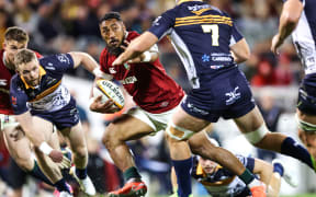 Bundee Aki of the British & Irish Lions makes a break against the Brumbies, 2025.