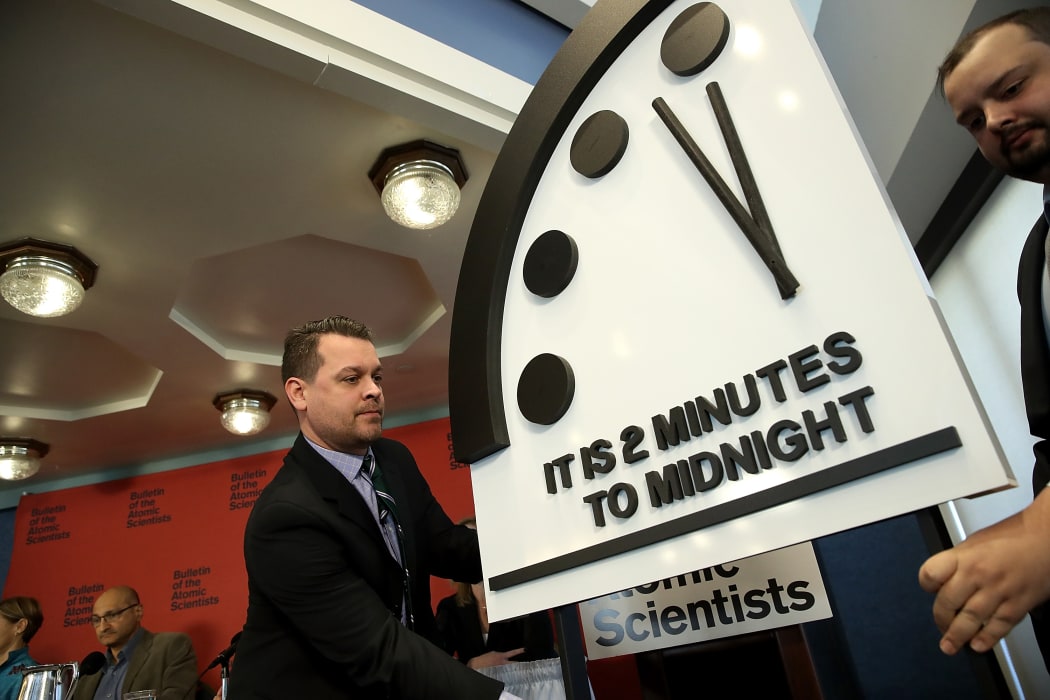 The Bulletin of the Atomic Scientists unveil the 2018 "Doomsday Clock" January 25, 2018 in Washington, DC.