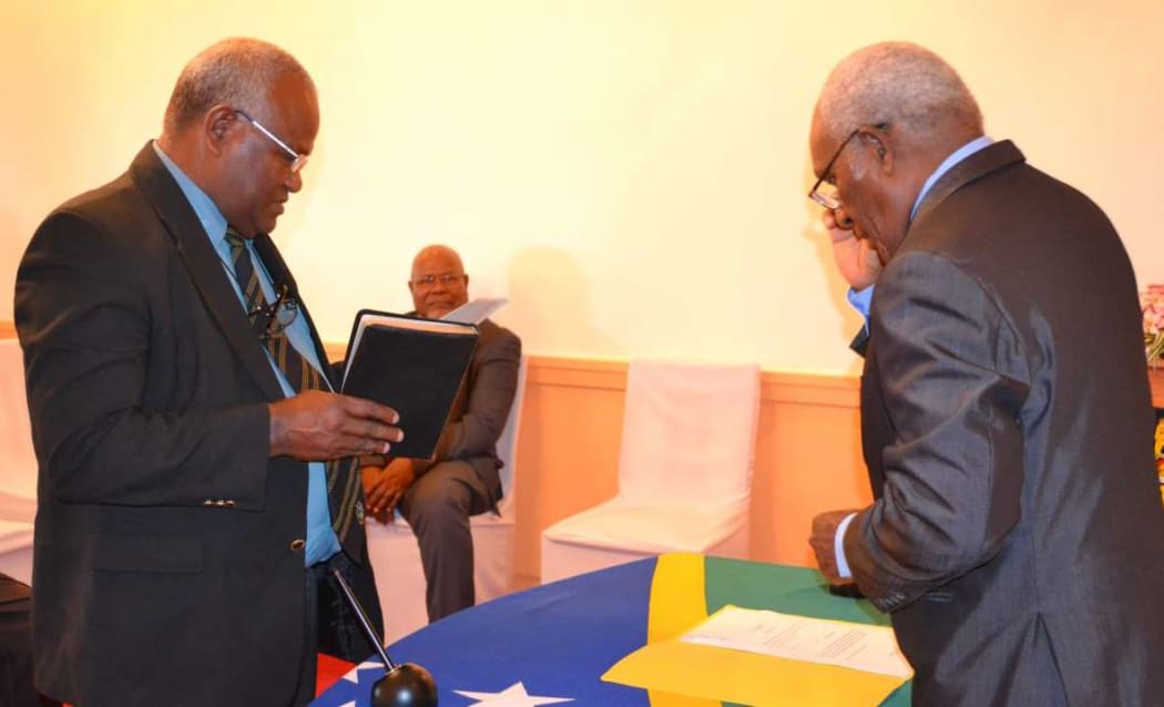 Solomon Islands new ombudsman Fred Fakarii is sworn in by Governor General Sir Frank Kabui at government house in Honiara. 11 May 2017