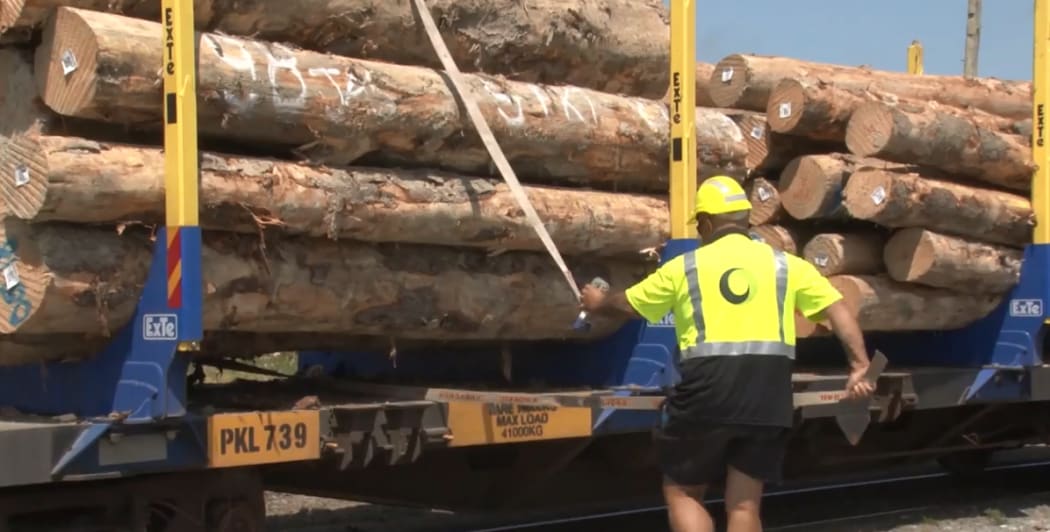 Logs loaded on railway line.