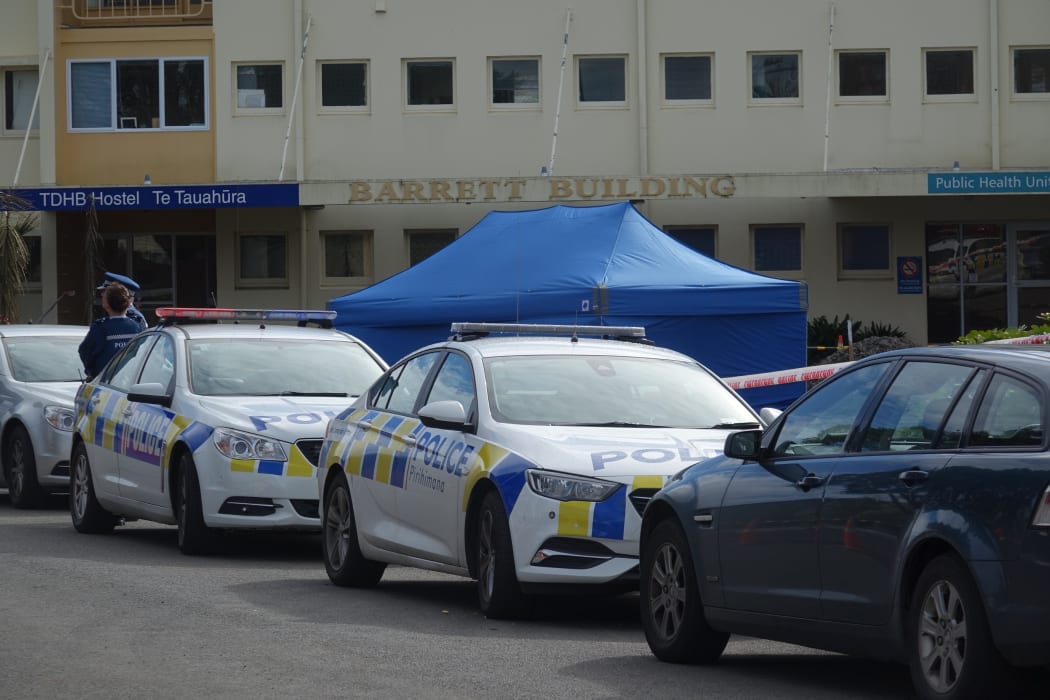Police cordon off an area at Taranaki Base Hospital after a shooting incident.
