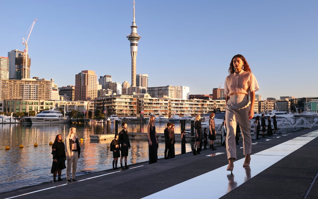 AUCKLAND, NEW ZEALAND - AUGUST 31: A model walks the runway during the Zambesi show during New Zealand Fashion Week 23: Kahuria at Wynyard Quarter on August 31, 2023 in Auckland, New Zealand.