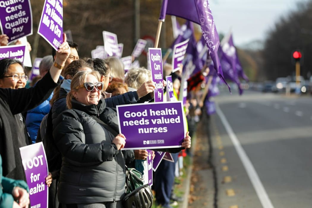 Nurses strike outside Christchurch Hospital.