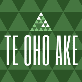 An abstract triangular pattern in forest greens. Text reads: “Te Oho Ake”