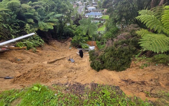 The view from Stokes Valley painter Aaron Pahl's house after a slip left the house uninhabitable on Monday morning.